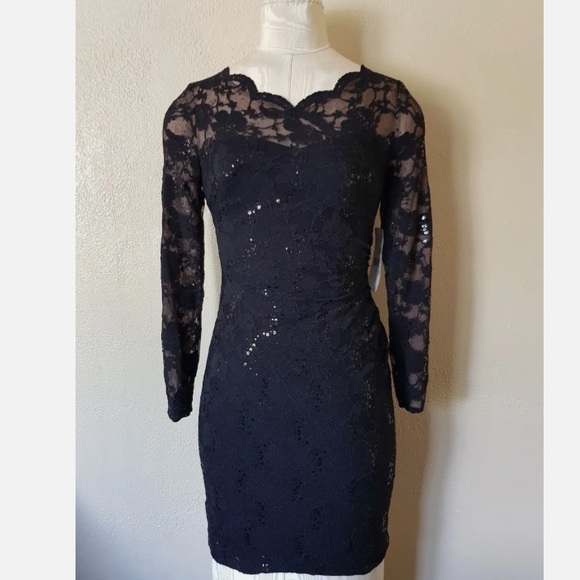 WOMEN LAUREN RALPH LAUREN Black Sequined Lace Ruched Dress - Picture 3 of 6